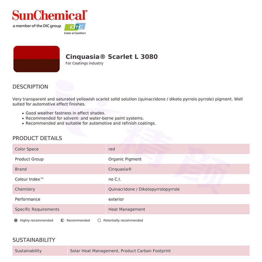 DIC Cinquasia Scarlet L3080汽車漆專用顏料TDS技術(shù)數(shù)據(jù)表